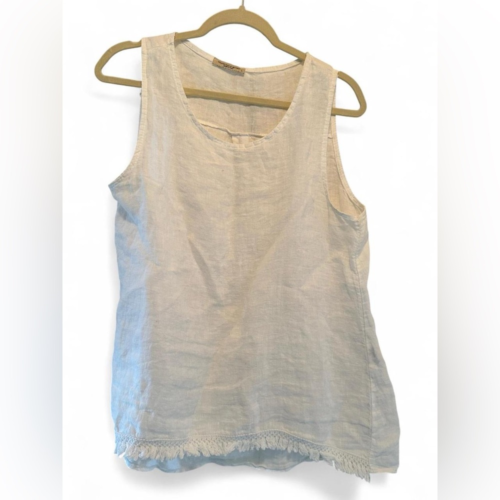 Francesca Bettini Sleeveless Tank Top LARGE 100% Linen White Ruffle Italian NWOT